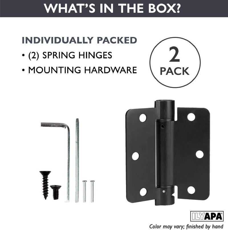 Ilyapa Self Closing Door Hinges, 2 Pack, Black Mortise Spring Hinges - 3.5 x 3.5 Inch Interior Spring for Doors with 1/4" Radius Corners, Self Closing - Image 3